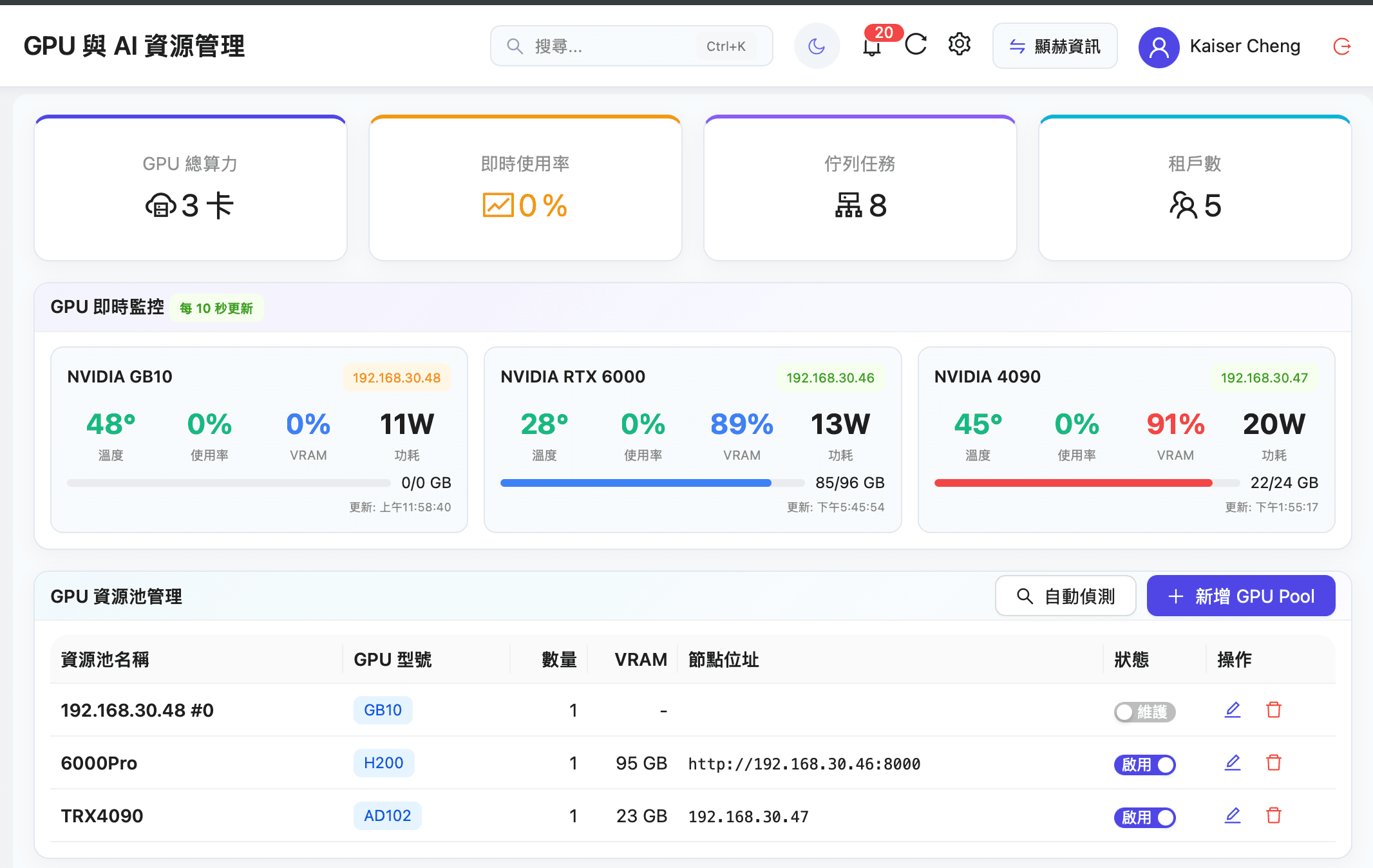 地端 GPU 與 AI 資源管理系統截圖